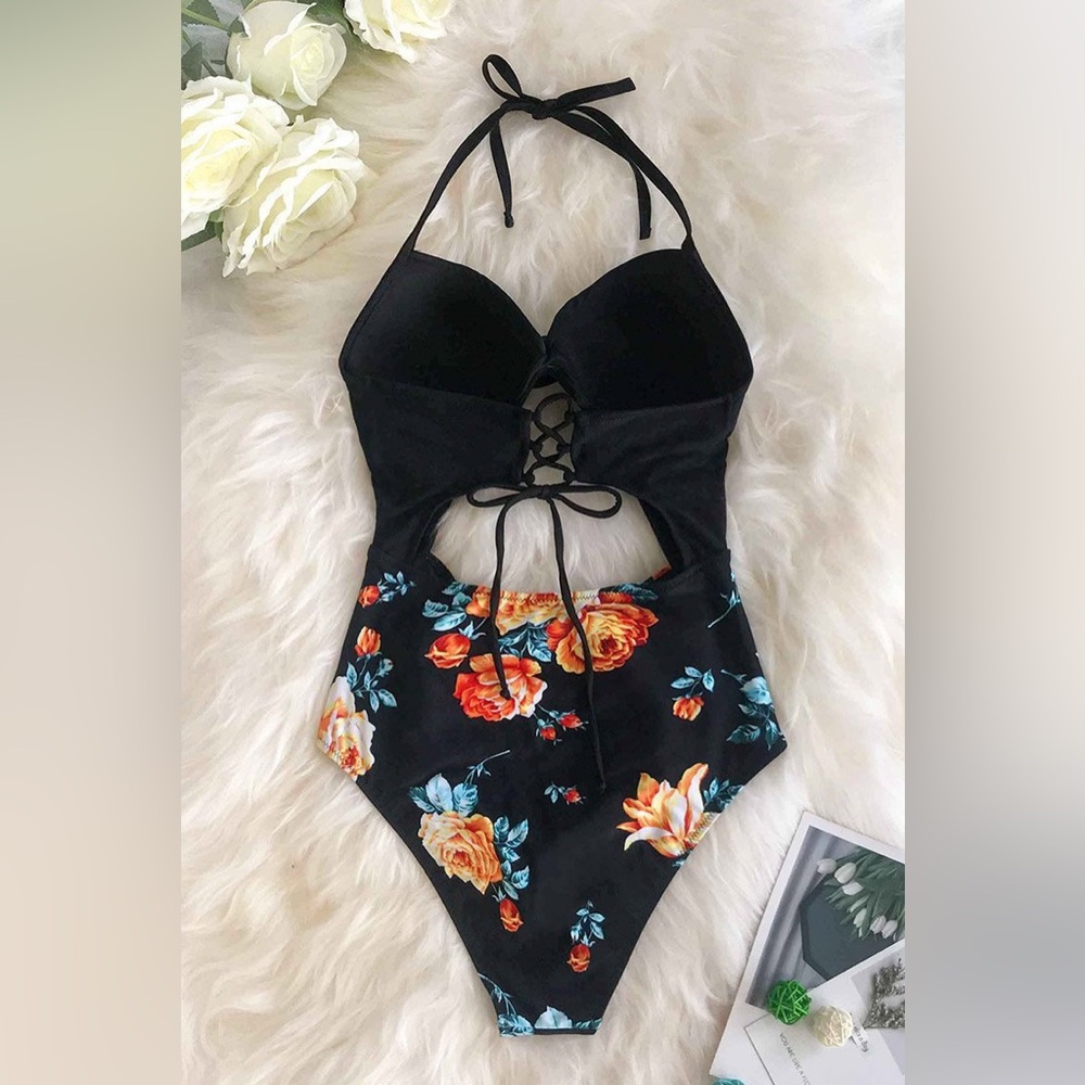 Black Floral One Piece l Small NWT